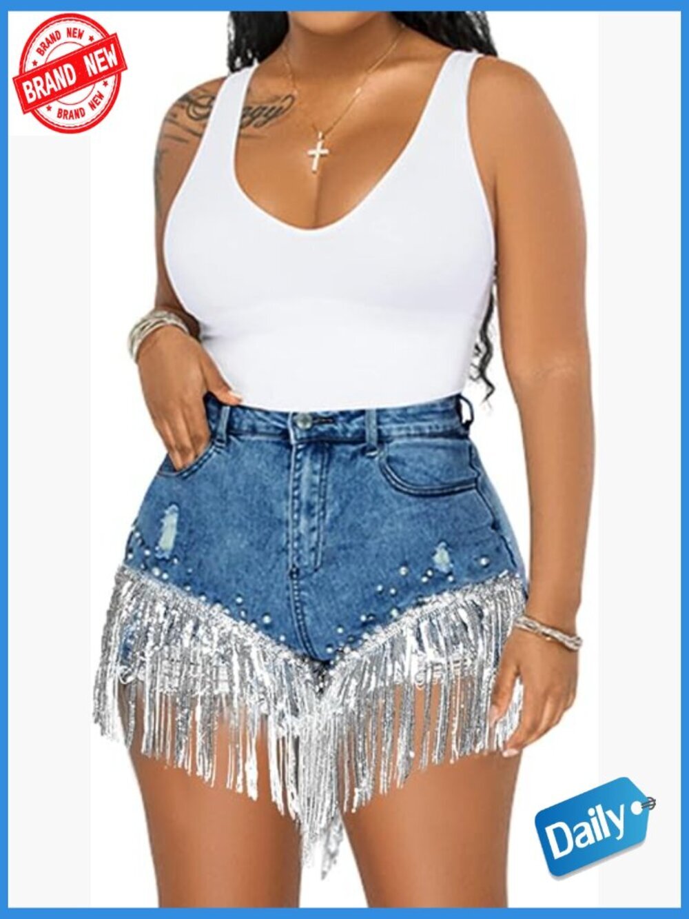 High Waisted Denim Shorts Ripped Frayed Raw Hem Tassels Jean Shorts - Picture 1 of 7